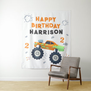 Happy Birthday Modern Monster Car Trucks Name  Tapestry