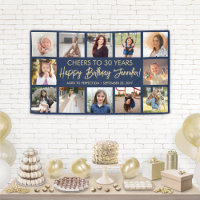 Happy Birthday Modern Photo Collage Navy Blue Gold