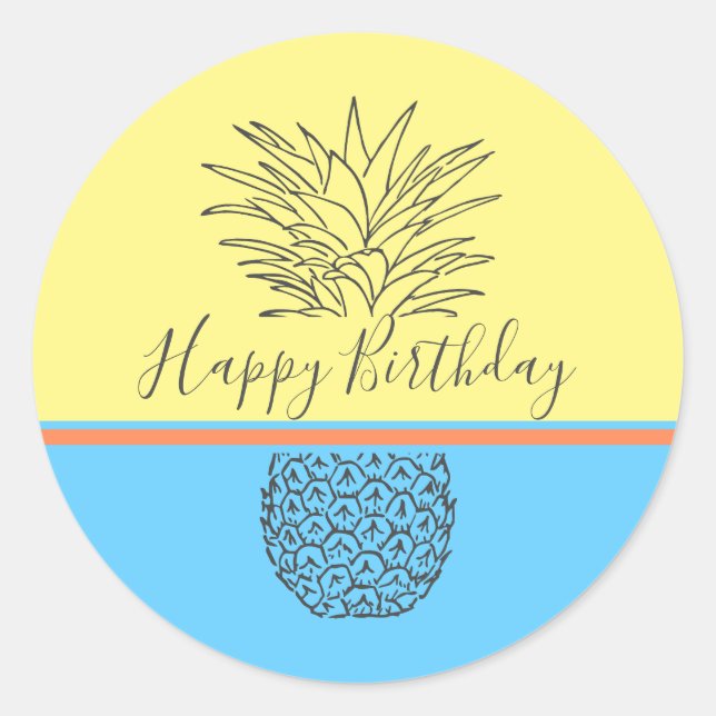 Happy Birthday Modern Pineapple Classic Round Sticker (Front)