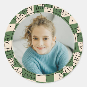 Happy Birthday Modern Retro Colorful Photo Blue Classic Round Sticker