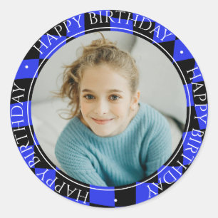 Happy Birthday Modern Retro Colorful Photo Blue Classic Round Sticker
