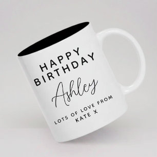 Happy Birthday   Modern Script Birthday Party Name Two-Tone Coffee Mug