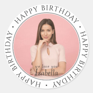 Happy Birthday Modern Simple Custom Photo Classic  Round Sticker