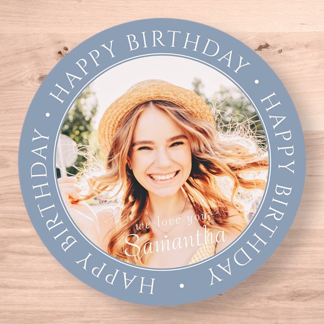 Happy Birthday Modern Simple Custom Photo Classic Round Sticker (Creator Uploaded)
