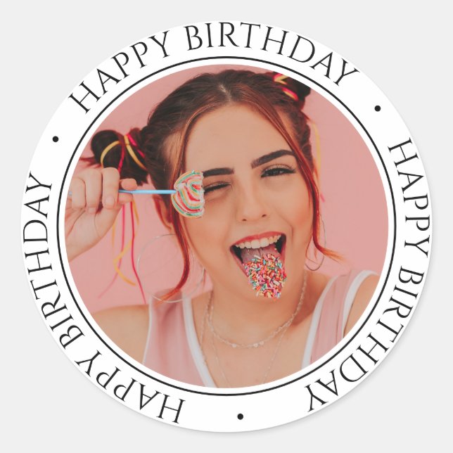 Happy Birthday Modern Simple Elegant Custom Photo  Classic Round Sticker (Front)