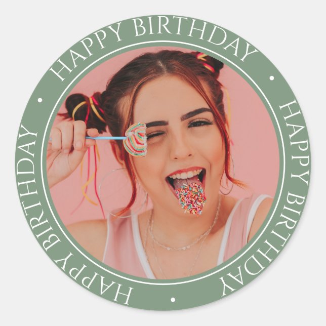 Happy Birthday Modern Simple Elegant Custom Photo  Classic Round Sticker (Front)