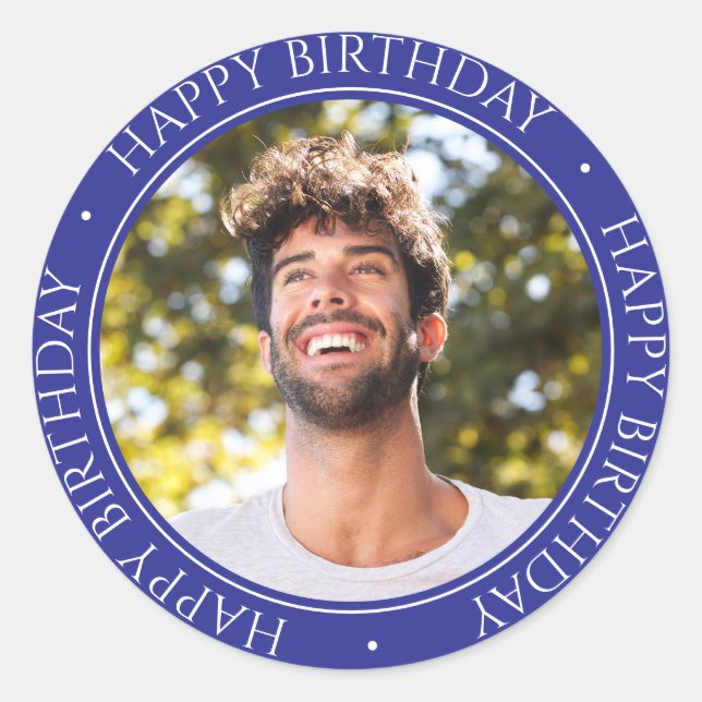 Happy Birthday Modern Simple Elegant Photo Blue Classic Round Sticker (Front)