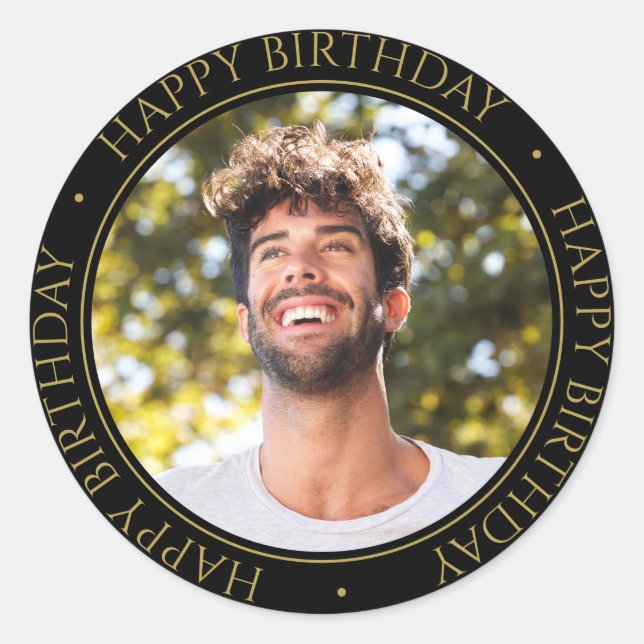 Happy Birthday Modern Simple Elegant Photo Gold Classic Round Sticker (Front)