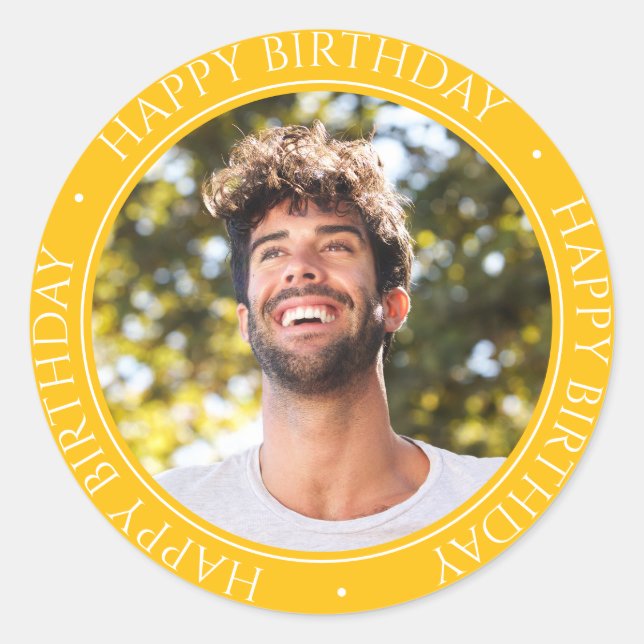 Happy Birthday Modern Simple Elegant Photo Yellow Classic Round Sticker (Front)