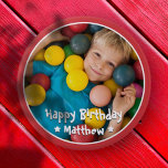 Happy Birthday Modern Simple Star Photo 4 Inch Round Button<br><div class="desc">This simple and modern design is composed of serif typography and add a custom photo.</div>