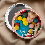 Happy Birthday Modern Simple Star Photo 4 Inch Round Button<br><div class="desc">This simple and modern design is composed of serif typography and add a custom photo.</div>
