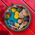 Happy Birthday Modern Simple Star Photo 4 Inch Round Button<br><div class="desc">This simple and modern design is composed of serif typography and add a custom photo.</div>