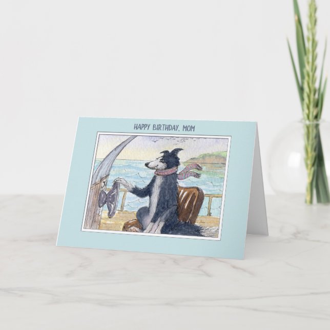 Happy Birthday Mom, Border Collie dog on a boat Card (Front)