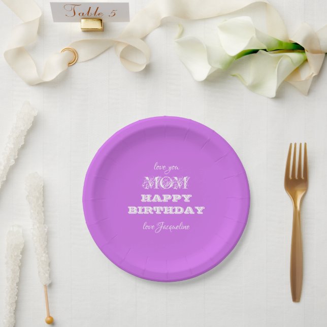 Happy Birthday Mom Chic Script Elegant Violet Paper Plate (Wedding)