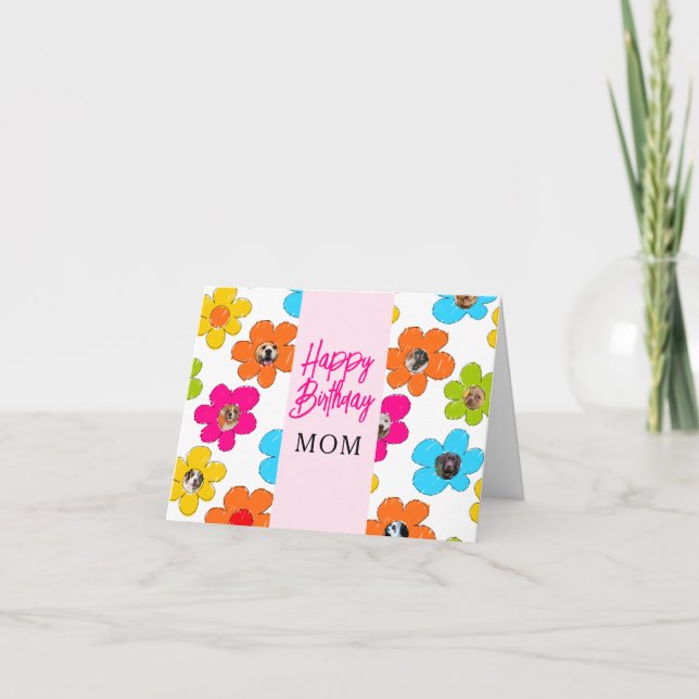 Happy Birthday Mom Cute Flower Dog Photo Collage  Card (Front)