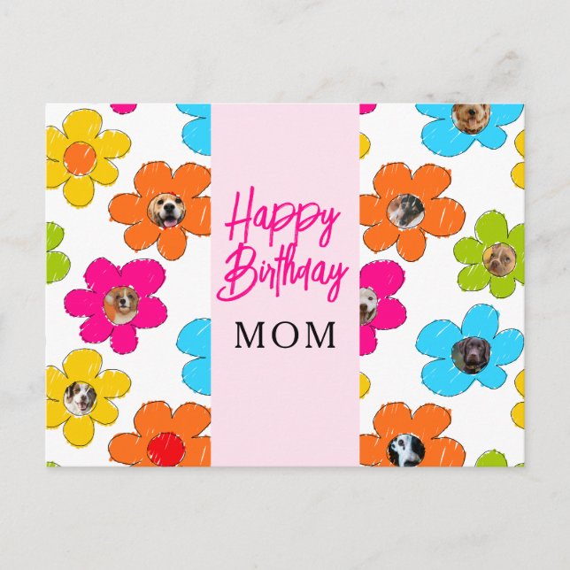 Happy Birthday Mom Cute Flower Dog Photo Collage  Postcard (Front)