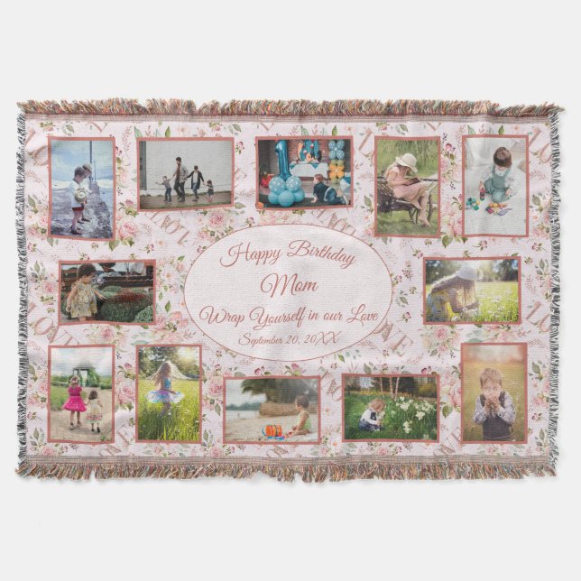 Happy Birthday Mom Family Photo Collage Throw Blanket (Front)