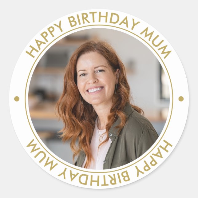 Happy Birthday Mom Modern Elegant Photo white Classic Round Sticker (Front)