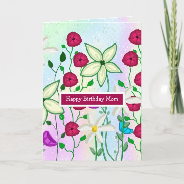 Happy Birthday Mom,  Pretty Floral Watercolor Card (Front)
