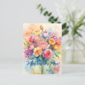 Happy Birthday Mom Watercolor Bouquet Postcard