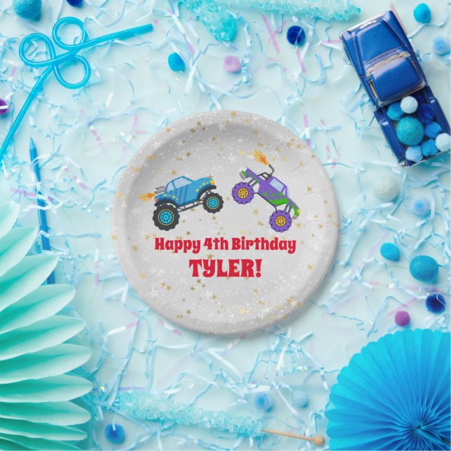 Happy Birthday, Monster Trucks, Child's Name & Age Paper Plate (Party)