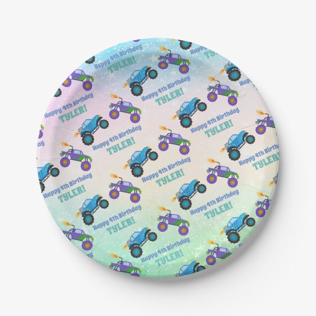 Happy Birthday, Monster Trucks, DIY Name & Age, Paper Plate (Front)