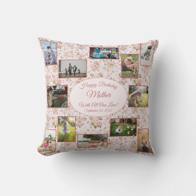 Happy Birthday Mother Family Photo Collage Throw Pillow (Front)