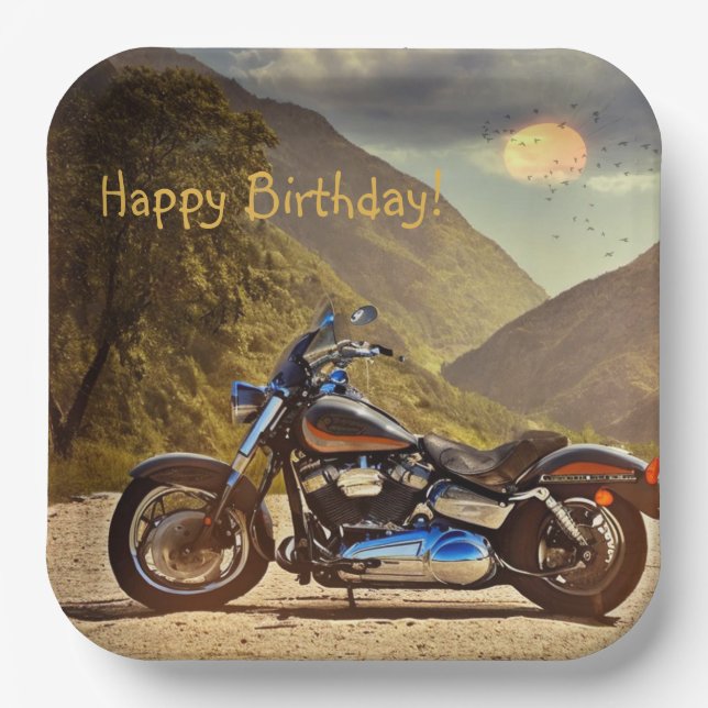 Happy Birthday Motorcycle Paper Plate (Front)