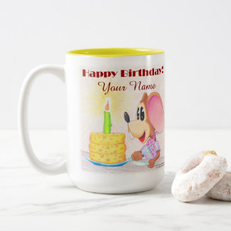 Happy Birthday Mouse with Cheesecake.  Two-Tone Coffee Mug