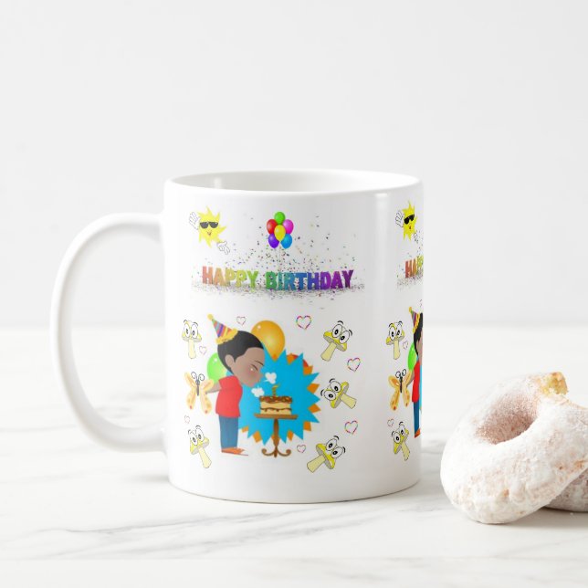 Happy Birthday Mug African Boy Mushrooms (With Donut)