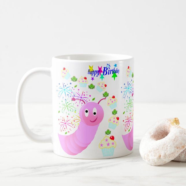 Happy Birthday Mug Pink Worm Confetti (With Donut)