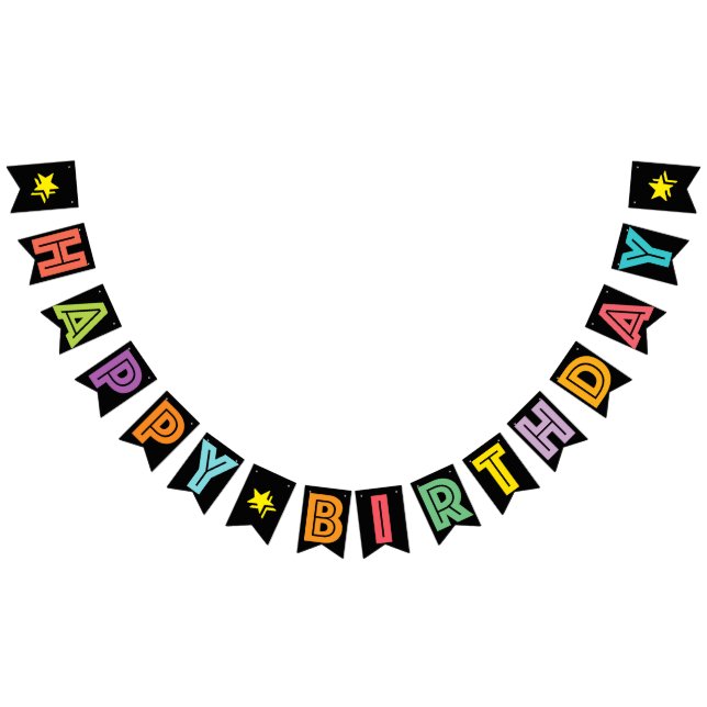 HAPPY BIRTHDAY ☆ MULTICOLORED ON BLACK BACKGROUND BUNTING FLAGS (All)