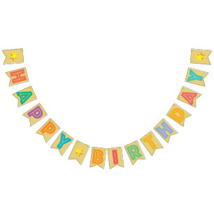 HAPPY BIRTHDAY ☆ MULTICOLORED ON OLD GOLD COLOR BUNTING FLAGS