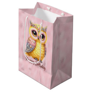 Happy Birthday Multicolored Owl on Pink Medium Gift Bag
