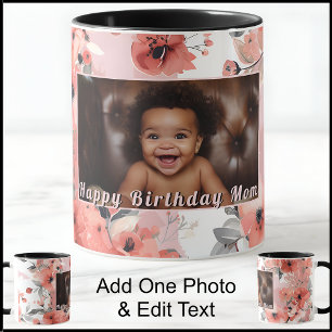 Happy Birthday Mum Mom Photo Cute Pink Floral 009 Mug
