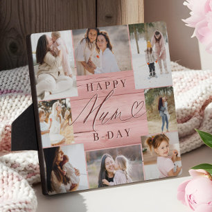 Happy Birthday Mum Photo Collage Pink Woodgrain Plaque