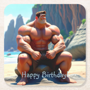 Happy Birthday Muscleman Square Paper Coaster