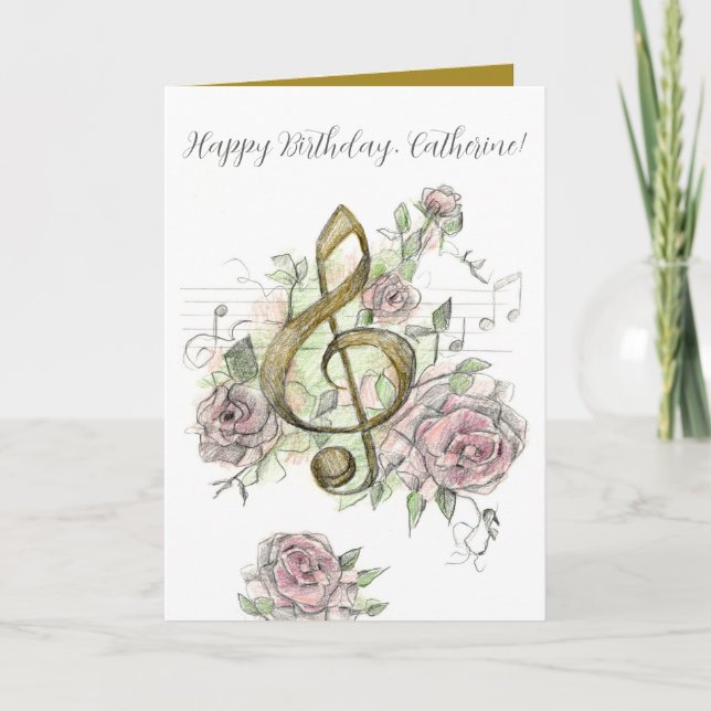 Happy Birthday Music Note Treble Clef Roses Custom Card (Front)