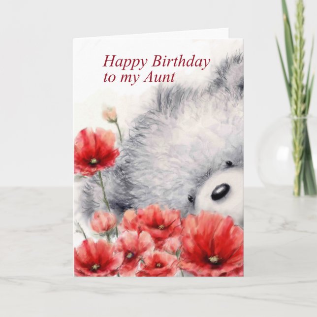 Happy Birthday my aunt, bear with red flowers Card (Front)