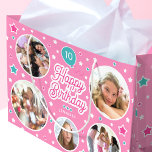 Happy Birthday Name Age Photo Collage Bright Pink Large Gift Bag<br><div class="desc">Celebrate a special birthday with a custom photo gift bag! This cute template is personalized with your child's name,  age and five favourite photographs! A unique and stylish design,  featuring round picture frames,  with a balloon,  and stars. Printed colours: bright pink,  candy pink,  turquoise and white.</div>