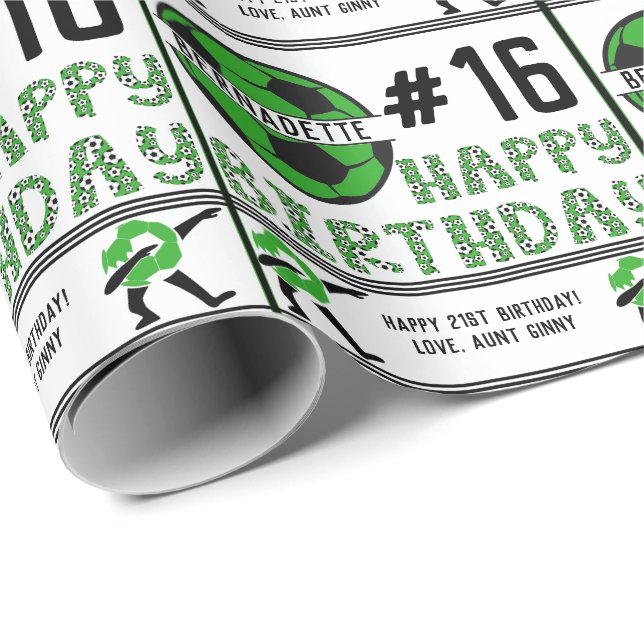 Happy Birthday Name Age Sentiment Soccer Sport  Wrapping Paper (Roll Corner)