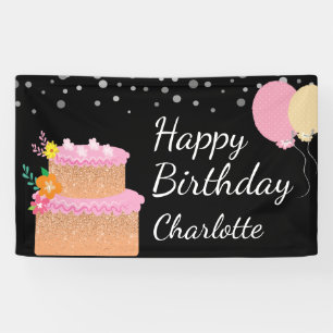Happy Birthday Name Birthday Cake and Balloons Banner