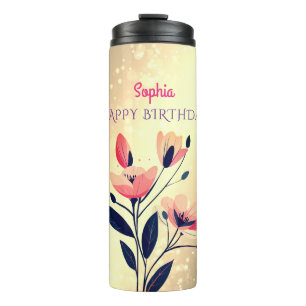Happy Birthday, Name, Flowers on Gradient Gold Thermal Tumbler