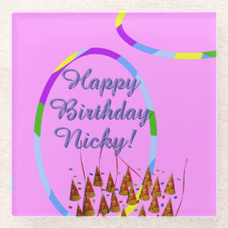Happy Birthday Name  Glass Coaster