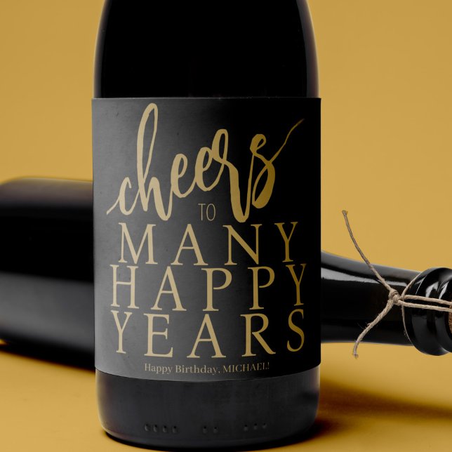 Happy Birthday name personalized cheers gold black Wine Label (Creator Uploaded)