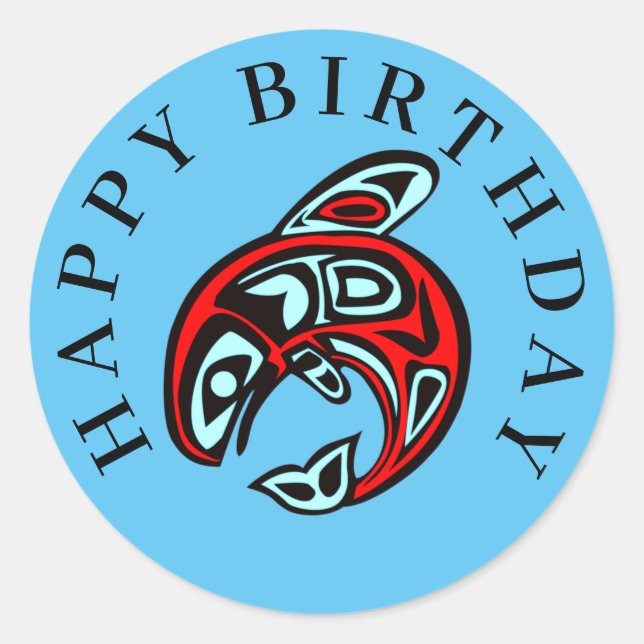 Happy Birthday Native Orca Art Killer Whale Classic Round Sticker (Front)