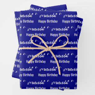Happy Birthday Navy Blue and White Name Pattern Wrapping Paper Sheet