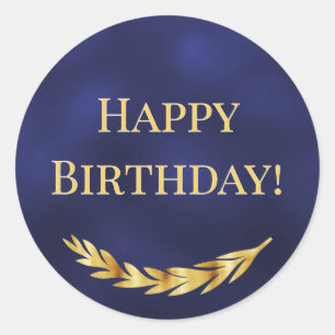 Happy Birthday navy blue gold decor Classic Round Sticker