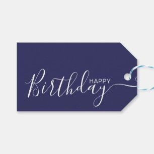 Happy Birthday Navy Blue White Modern Gift Tags