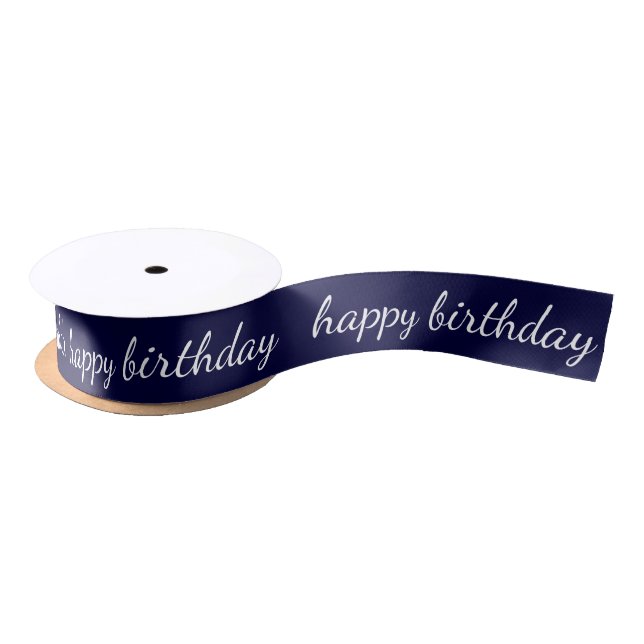 Happy Birthday Navy Blue White Script Typography Satin Ribbon (Spool)